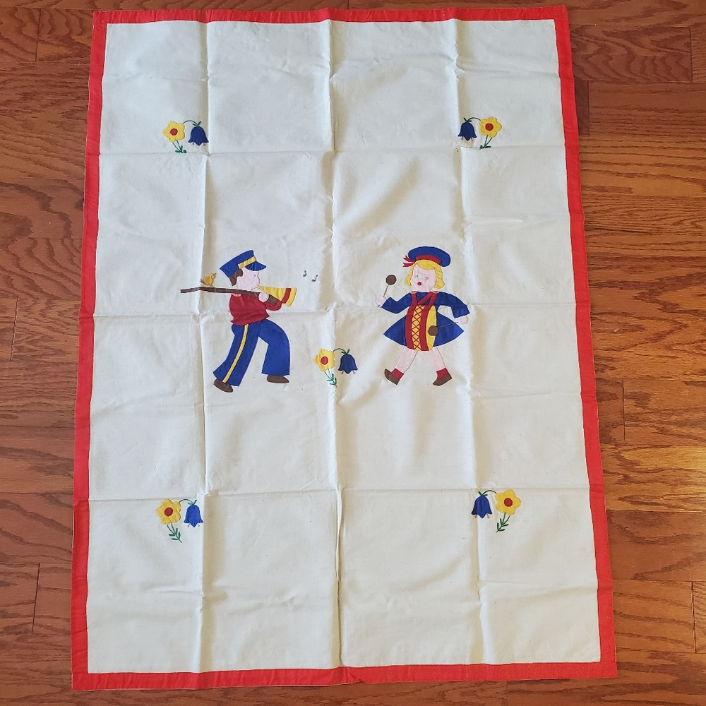 Vintage Baby Crib Blanket Handmade w Boy, Girl & Floral Applique Red Blue Yellow